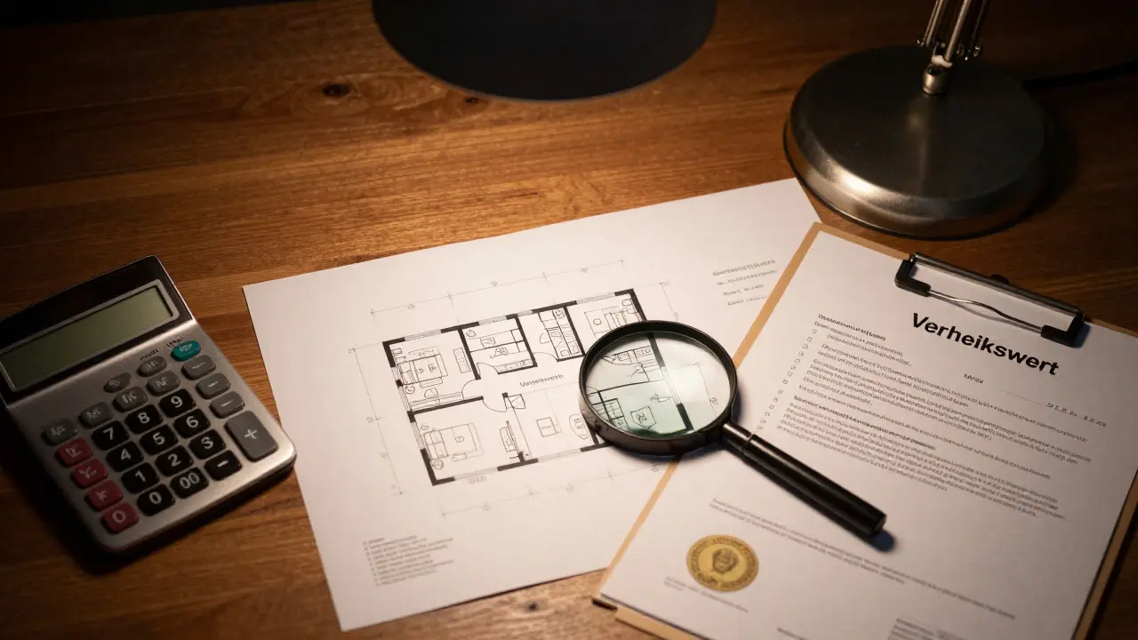 Werkzeuge eines Immobiliengutachters mit Grundriss und Lupe auf einem Holztisch.