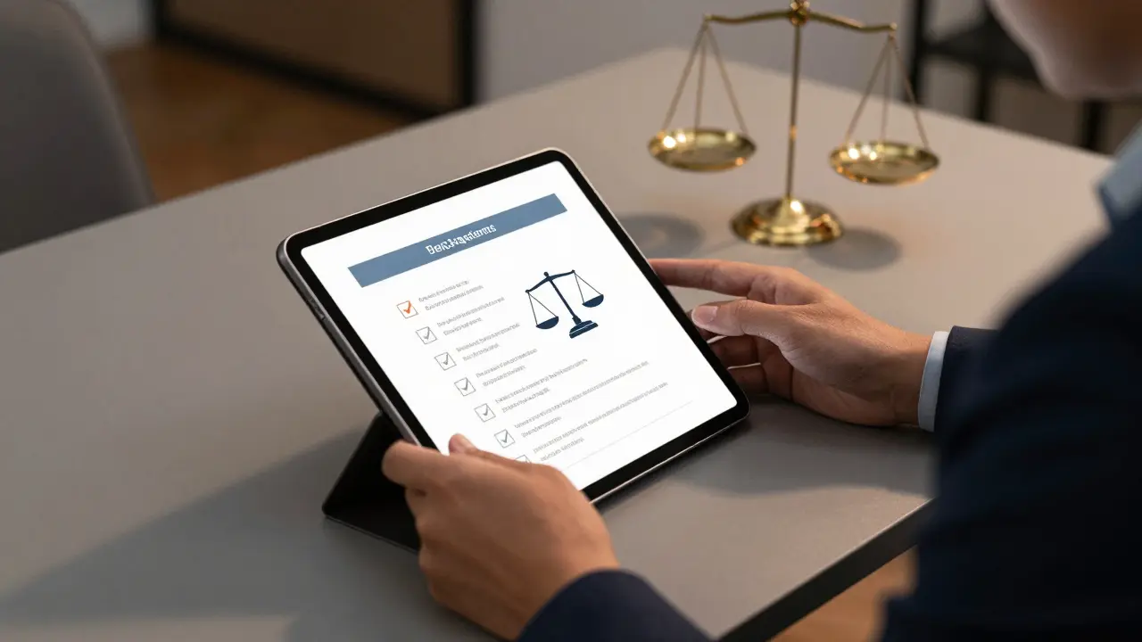 Anwalt prüft Mietverträge auf einem Tablet