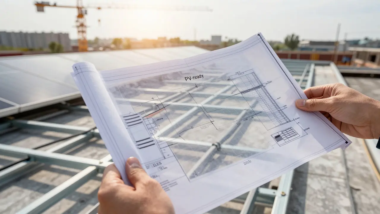 Architekt prüft Baupläne für PV-vorbereitete Dachstruktur auf einer Baustelle.