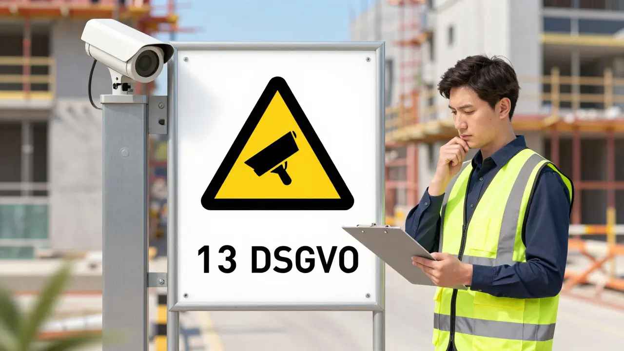 Bauleiter prüft Hinweisschild für Überwachung an der Baustelle