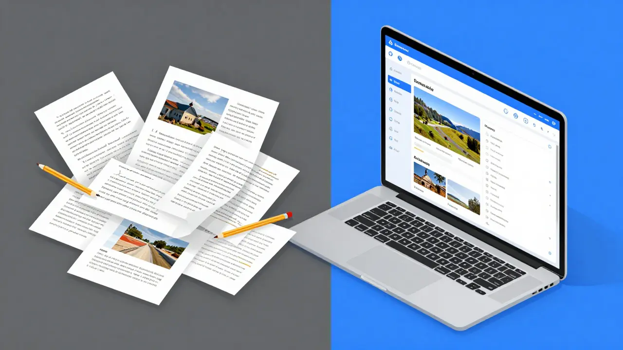 Comparison of messy paper records versus organized digital defect tracking app interface.