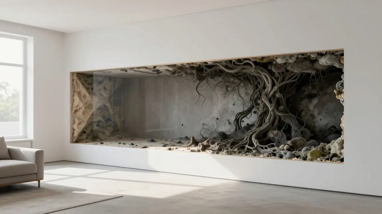 Cross-section view showing hidden mold growth inside a clean wall