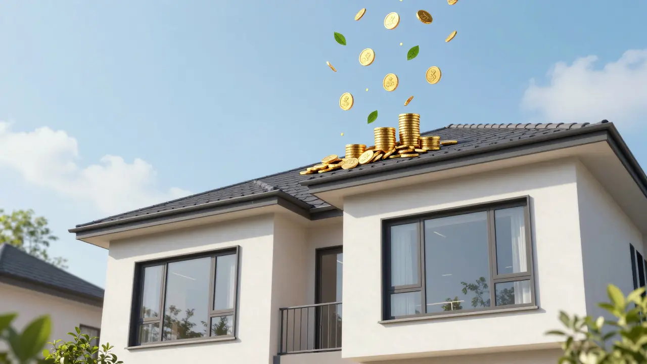 Energieeffizientes renoviertes Haus mit Symbolen für Förderung