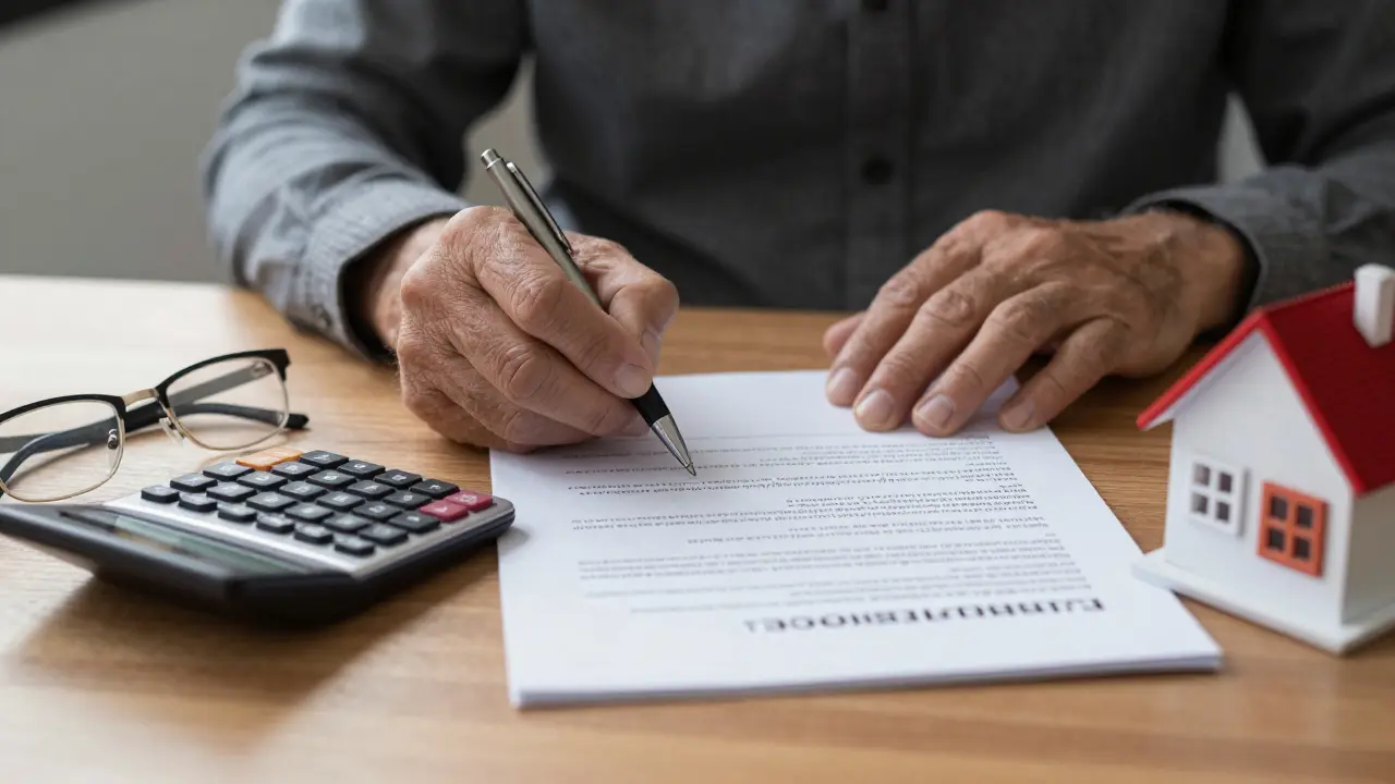 Hände beim Unterschreiben von Immobilienverträgen mit Rechner
