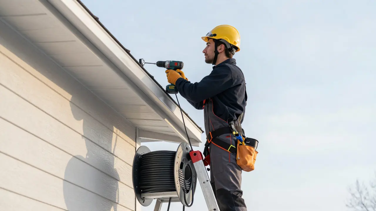 Handwerker montiert Temperatursensor an der Hauswand für Dachrinnenheizung.