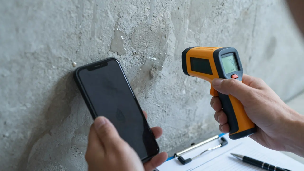 Inspector using smartphone and infrared thermometer to document moisture damage on wall.