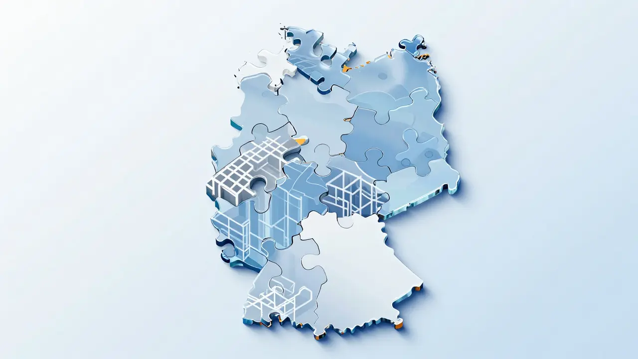 Konzeptkunst: Zerstückelte Landkarte Deutschlands, die unterschiedliche Solarvorschriften pro Bundesland darstellt.