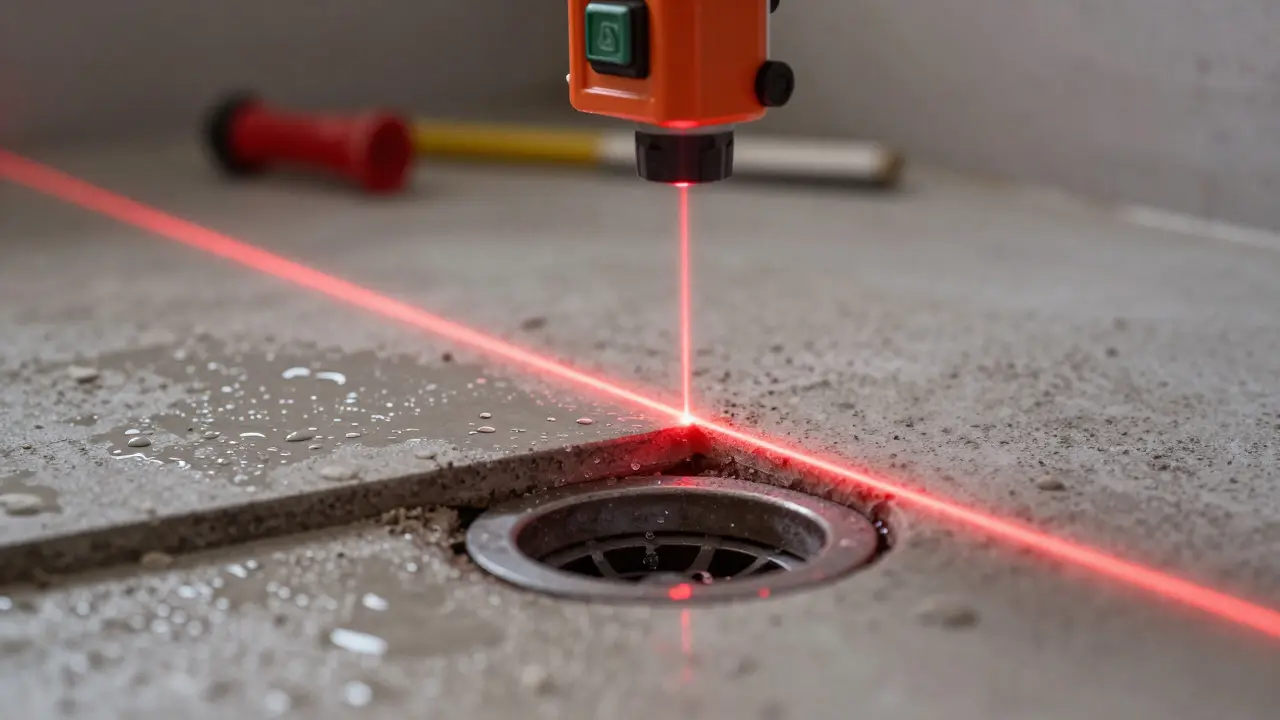 Laserpegel misst präzises Gefälle auf renoviertem Badefußboden