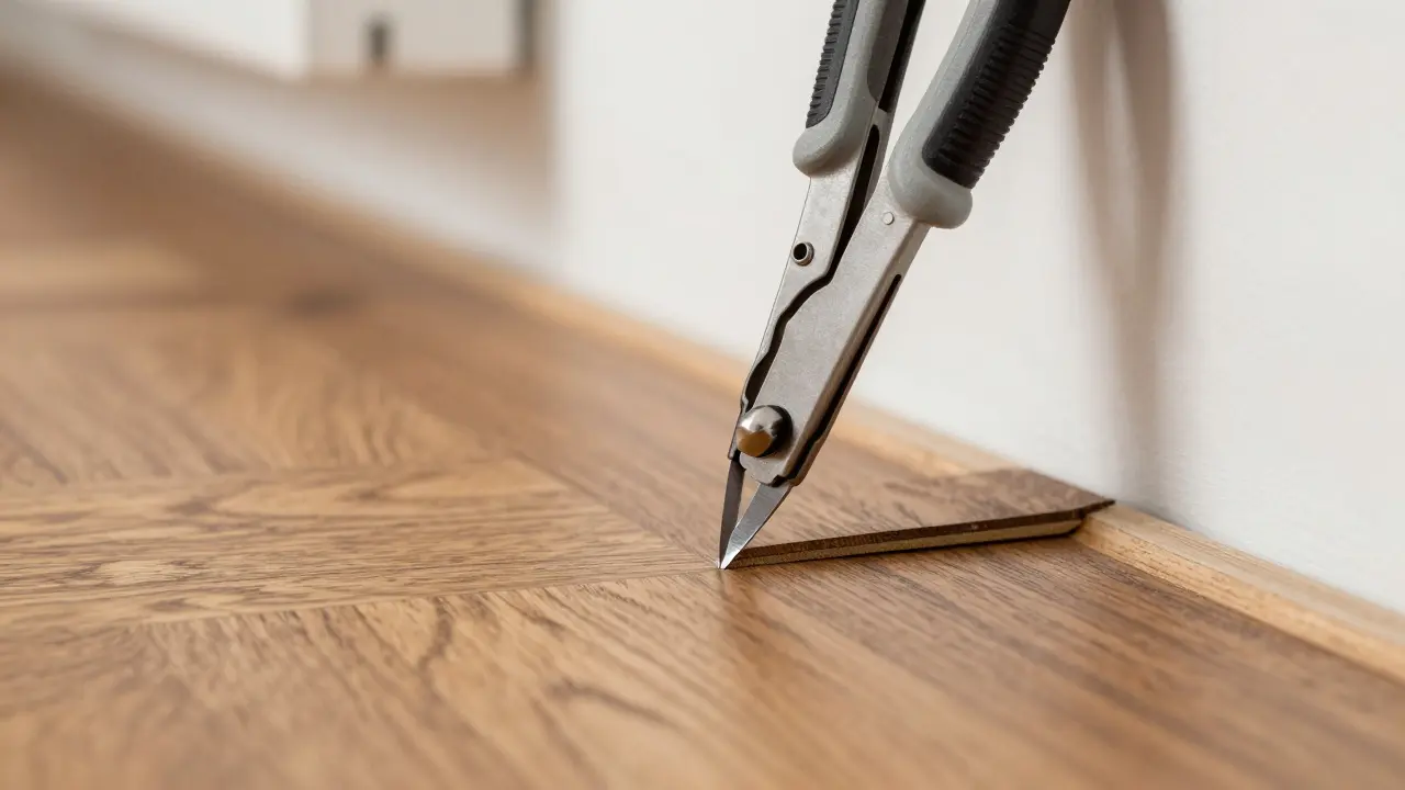 Multitool schneidet fein Parquetboden nahe einer Wand und Heizung