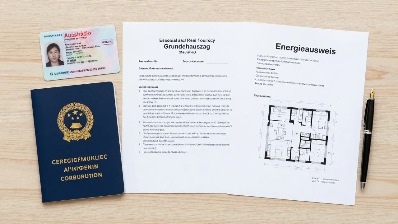 Ordentliche Anordnung von wichtigen Immobilienverkaufsunterlagen auf einem Tisch.