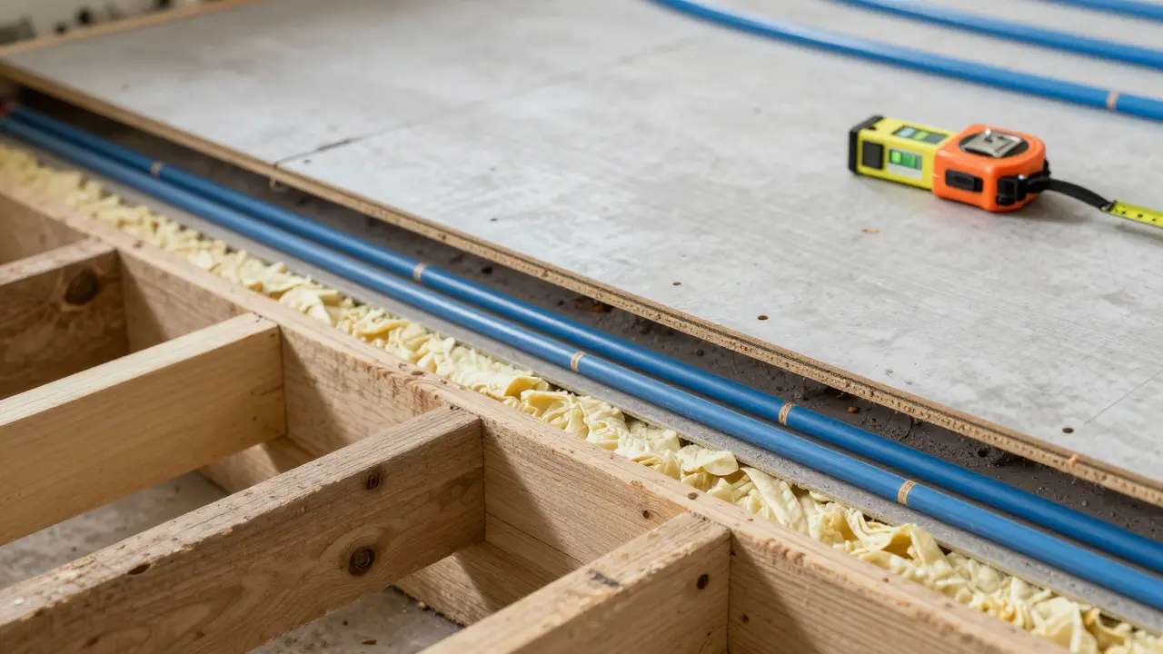 Querschnitt der Bodenkonstruktion bei der Installation einer Trocken-Fußbodenheizung