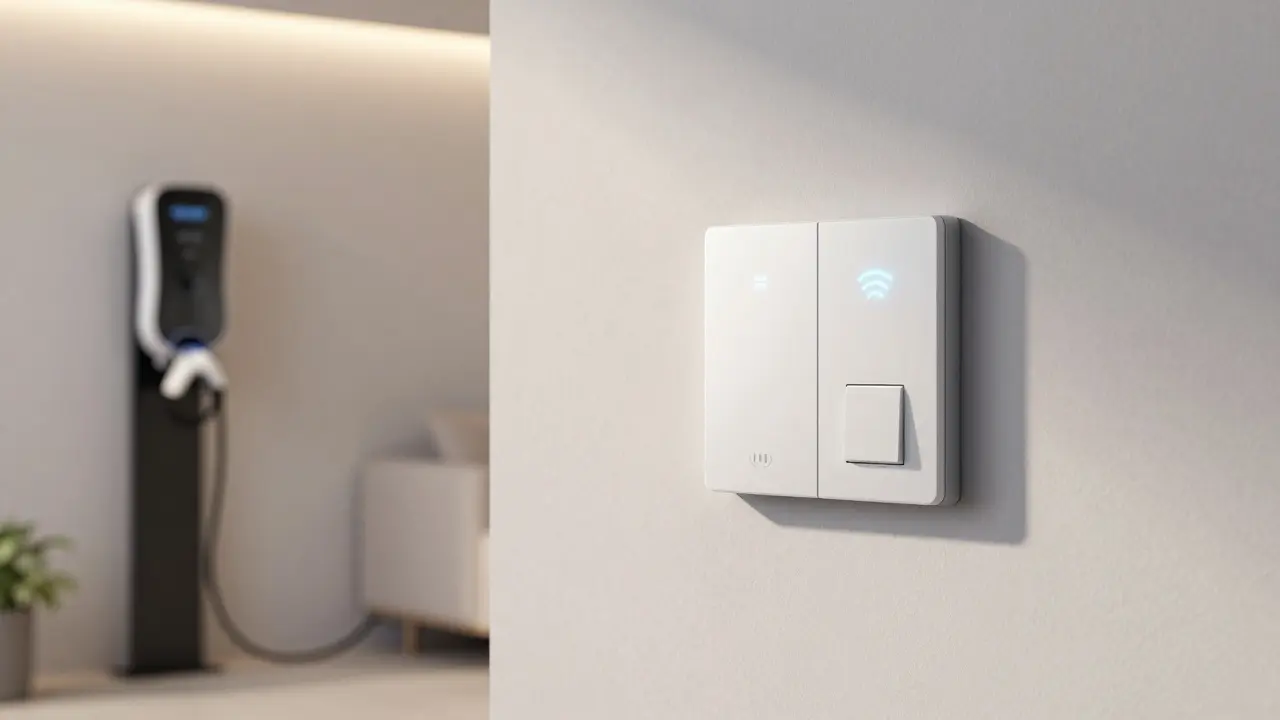 Smart-Home-Wandschalter und E-Auto-Ladestation im modernen Zuhause