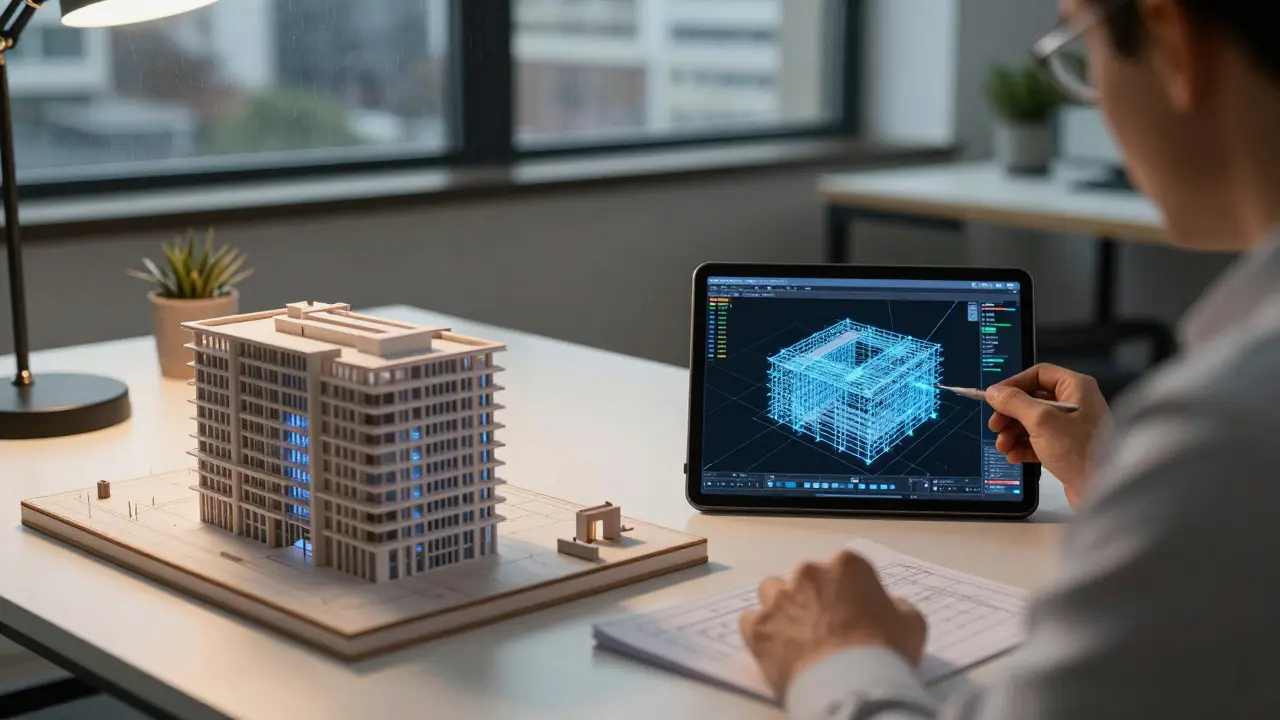 Statiker am Schreibtisch mit physischem Modell und BIM-Software