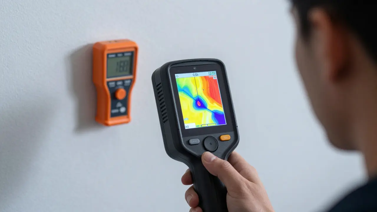 Thermal camera detects cold spots and moisture on a building wall