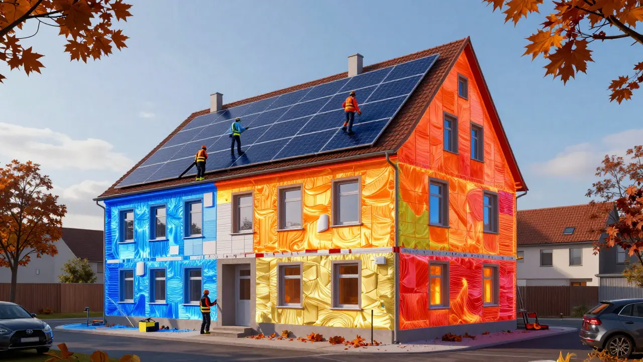 Thermografie einer renovierten Immobilie mit Solarpanels