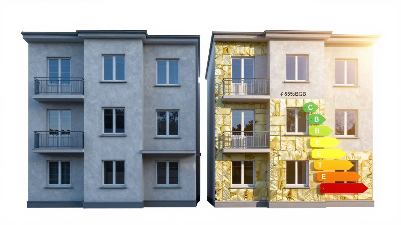 Vergleich von altem und energetisch saniertem Gebäudequerschnitt