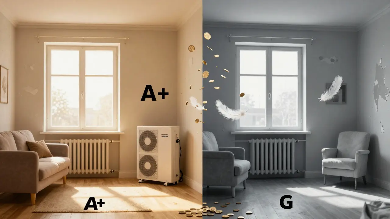 Vergleich von energieeffizientem und ineffizientem Wohnzimmer