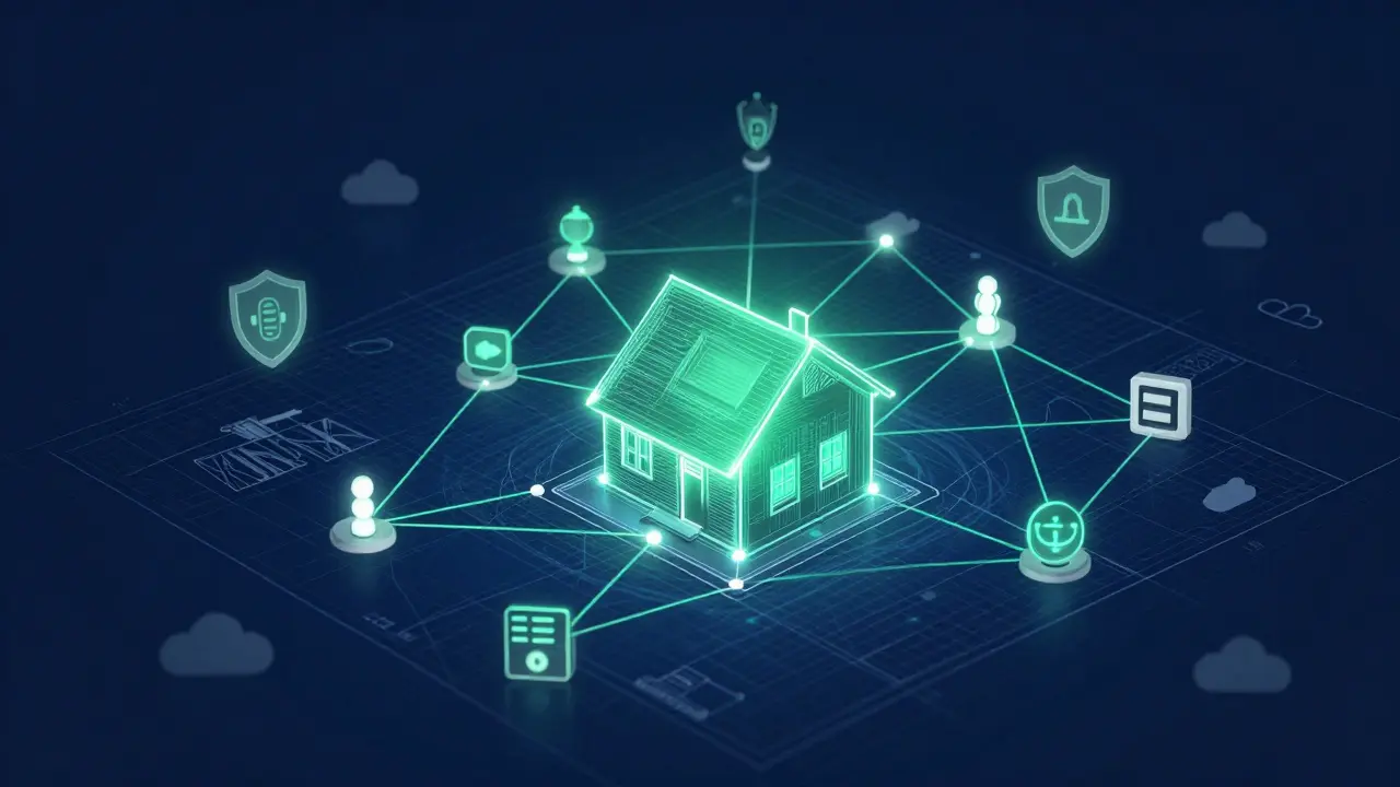 Abstrakte Darstellung des dezentralen KNX-Netzwerks über einem Hausplan