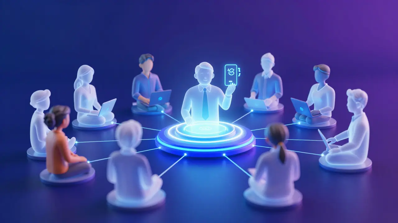Abstrakte Darstellung virtueller Eigentümerversammlung mit digitalen Avataren