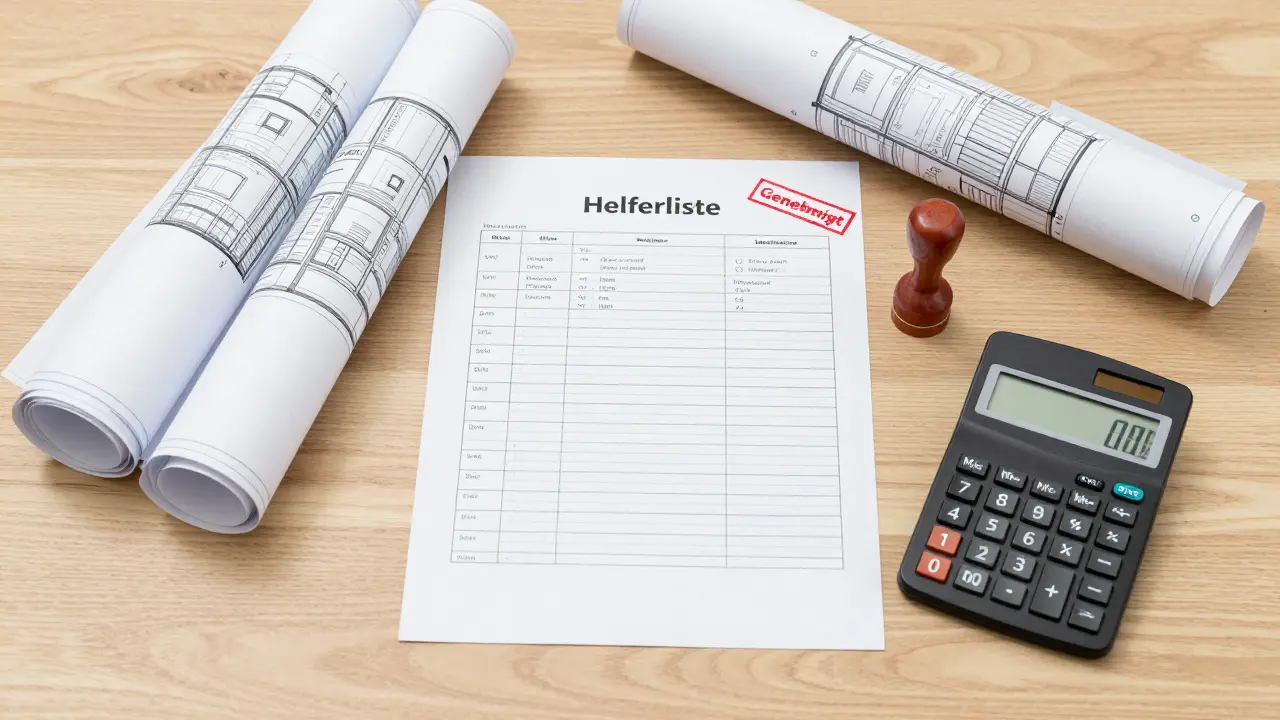Dokumente und Helferliste für Baufinanzierung auf dem Tisch