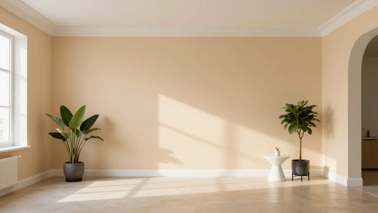 Geräumiges Wohnzimmer mit Beige-Dominanz und weißen Akzenten sowie Pflanzen