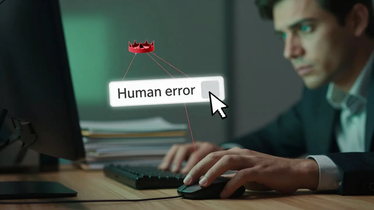 Hand über Maus, die einen Phishing-Link anklickt, mit roter Warnung im Büro