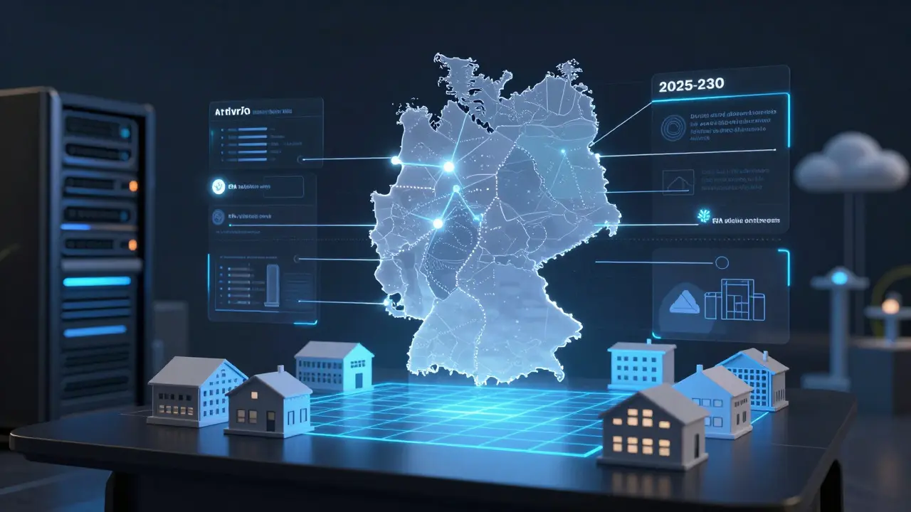 Holographische Karte Deutschlands mit KI-gestützter Baugenehmigung