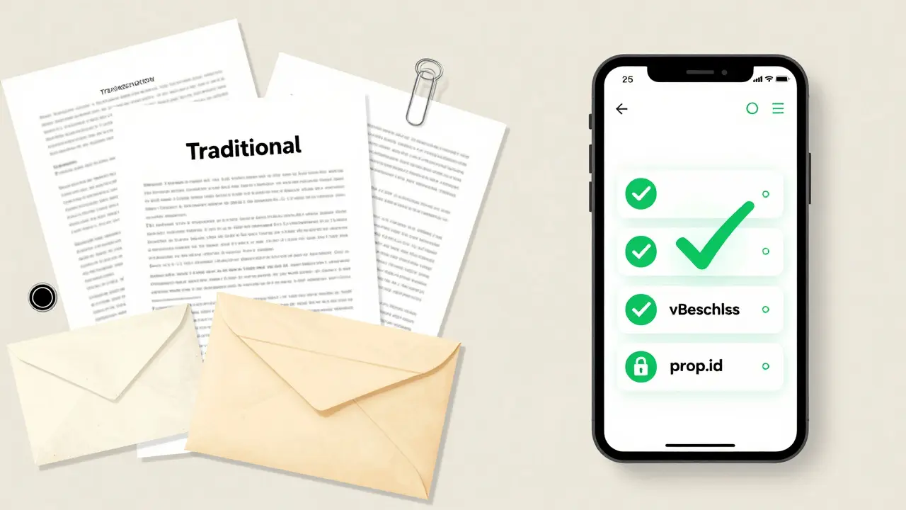Kontrast zwischen Papierdokumenten und digitalem Abstimmungsapparat auf Smartphone