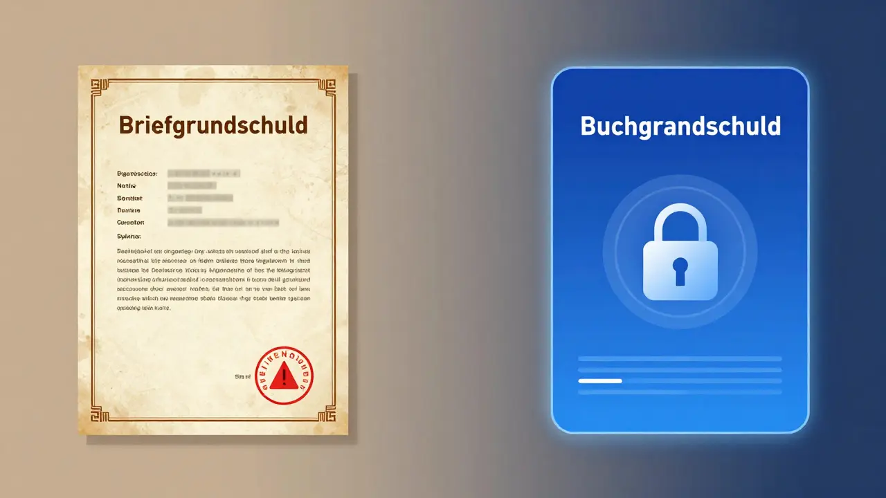 Konzeptillustration: Vergleich alter Briefgrundschuld mit neuer digitaler Buchgrundschuld