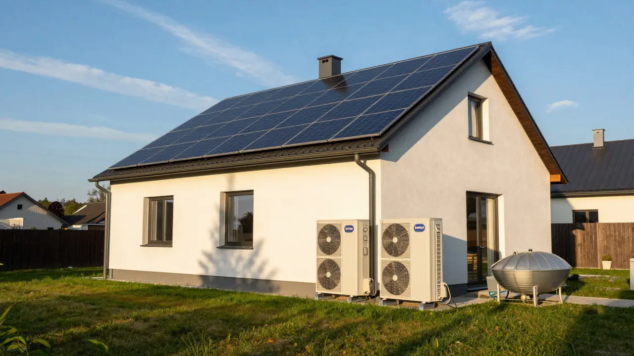 Modernes Haus mit Solaranlage und Wärmepumpe im Garten
