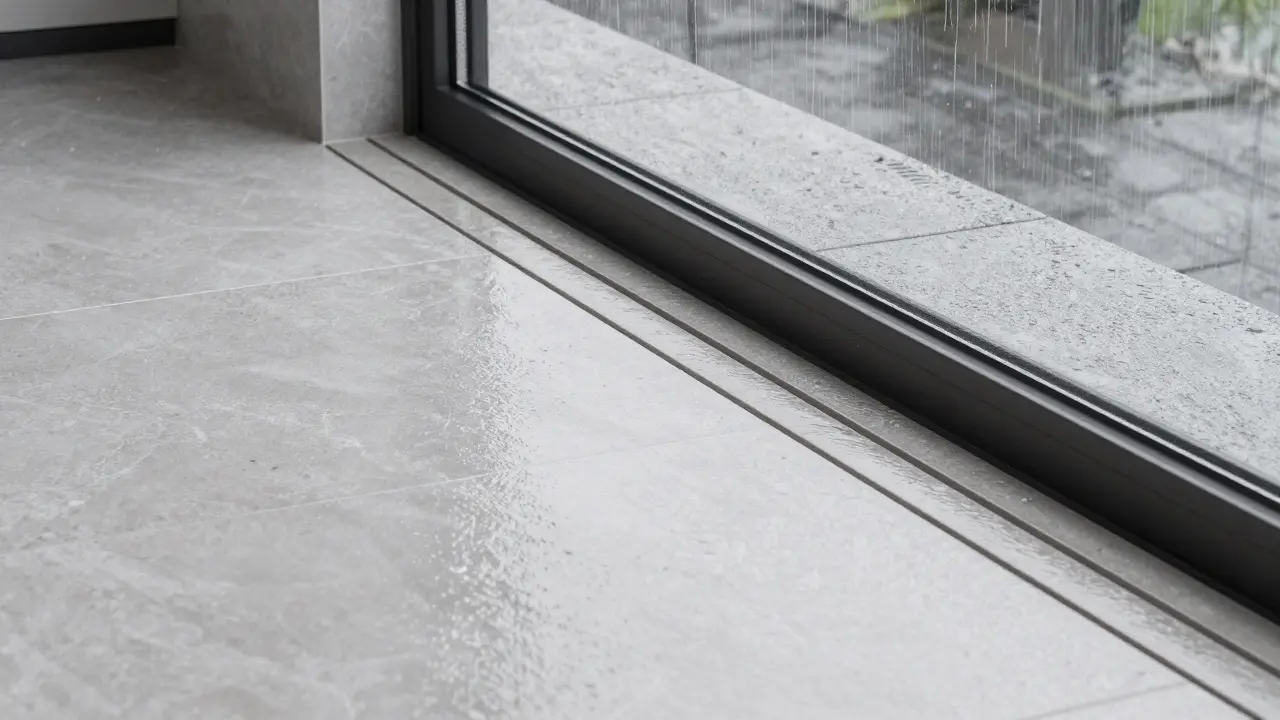Nahansicht einer bodengleichen Entwässerung bei Regen an einem Balkon