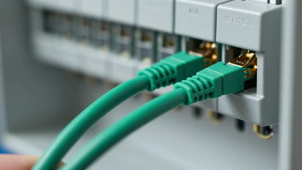 Nahaufnahme des grünen KNX-Buskabels in einer professionellen Elektroinstallation