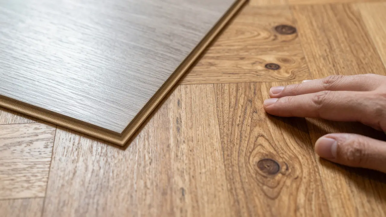 Nahaufnahme des Kontrasts zwischen künstlichem Laminat und echtem Eichenparkett