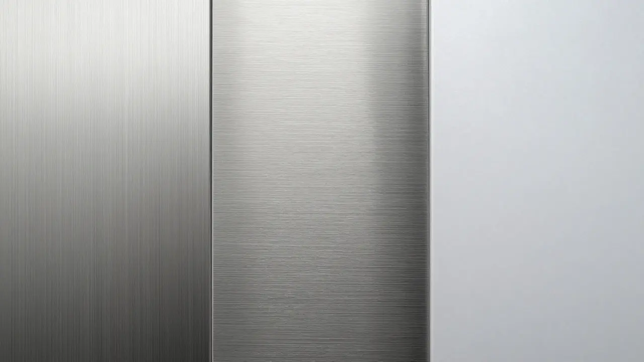 Nahaufnahme verschiedener Edelstahloberflächen: gebürstet, Cross Finish und PearlFinish.