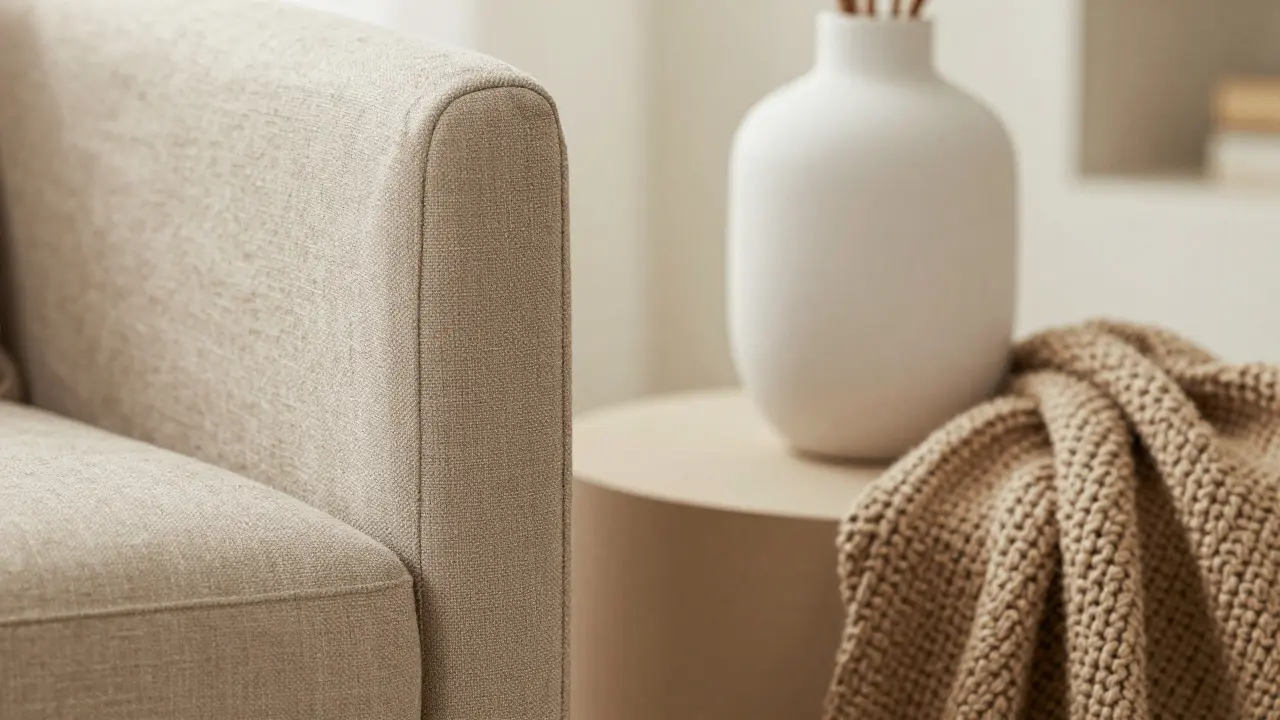 Nahaufnahme von Textilien: Leinen, Strick und Keramik in Weiß und Beige