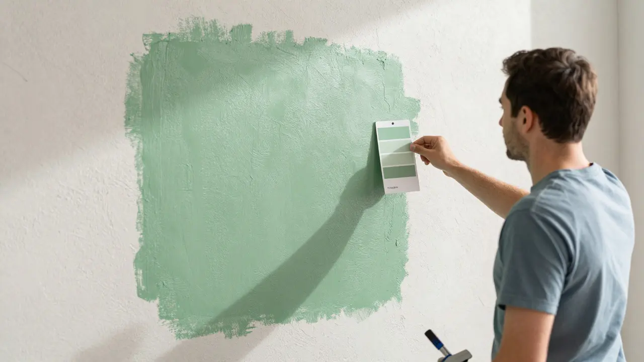 Probeanstrich auf der Fassade im Vergleich zum Farbkatalog unter Tageslicht