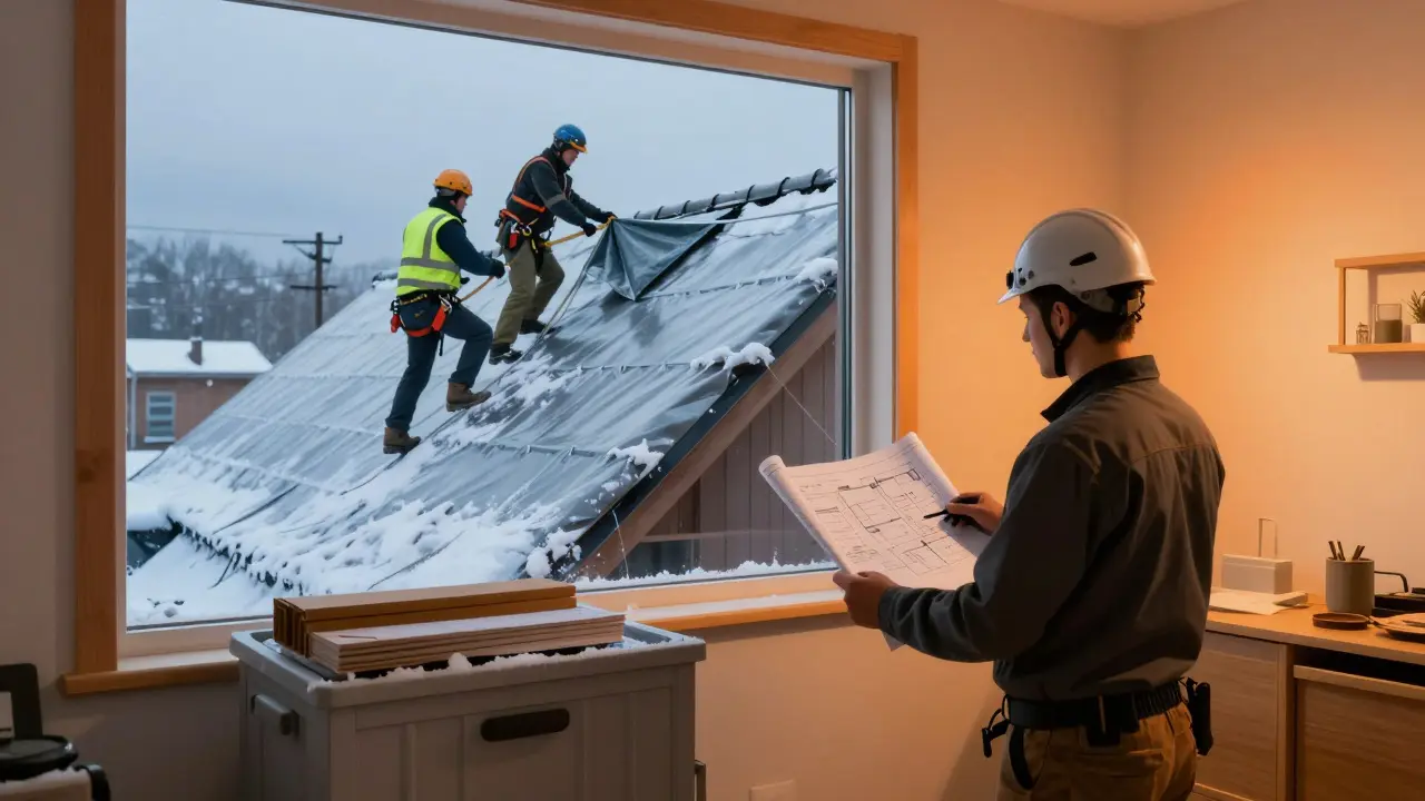 Professionelle Dachsanierung mit Sicherheitsausrüstung im Winter