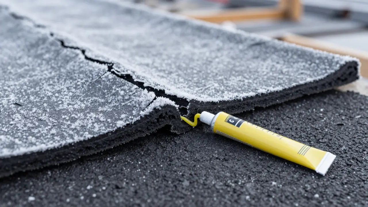 Spröde Bitumenbahnen und nicht ausgehärteter Dichtstoff im Frost