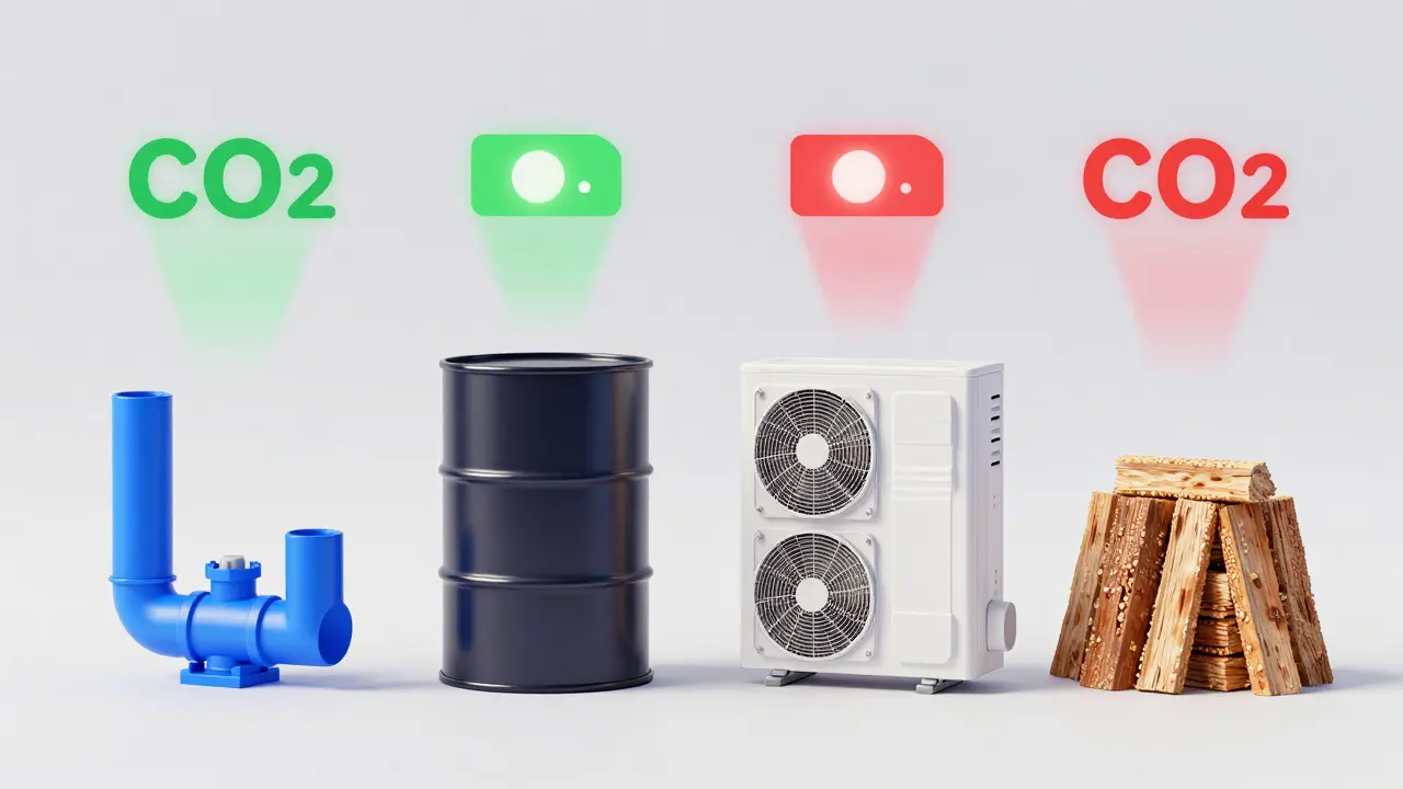 Vergleich von Gas, Öl, Wärmepumpe und Pellets als Icons