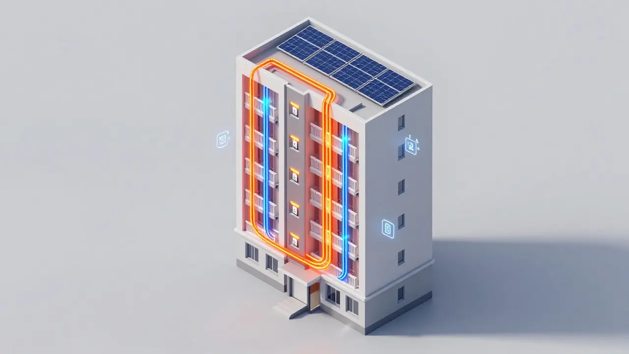 3D-Schnittmodell eines Hauses mit Energieflüssen