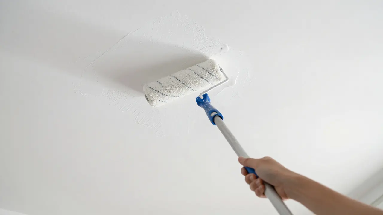 Ansicht von unten: Decke wird mit Rolle an Stange gestrichen