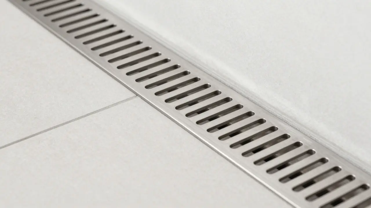 Detailaufnahme einer linearen Duschrinne mit präziser Einbauhöhe und Gefälle