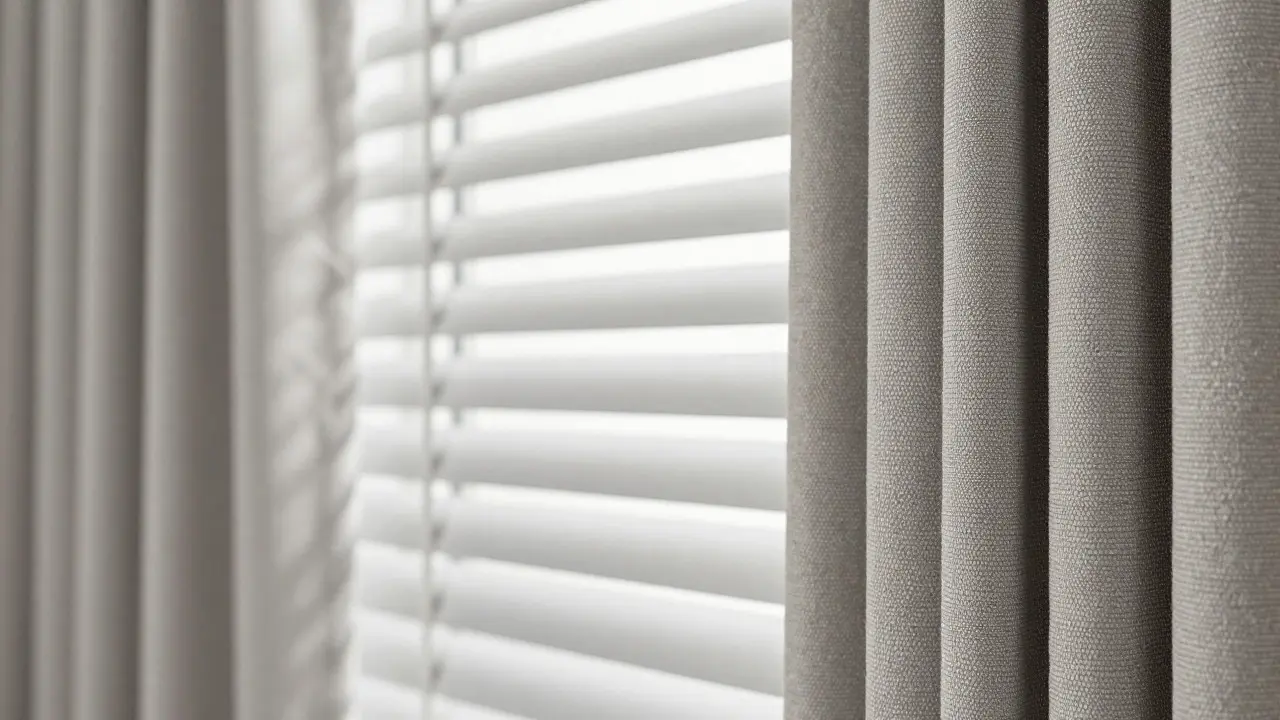 Detailaufnahme verschiedener Fensterbeschattungsmaterialien: Stoff, Jalousie und Plissee