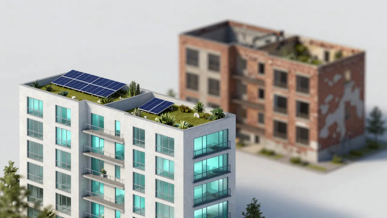 Energieeffizientes Haus im Vordergrund, altes Gebäude im Hintergrund