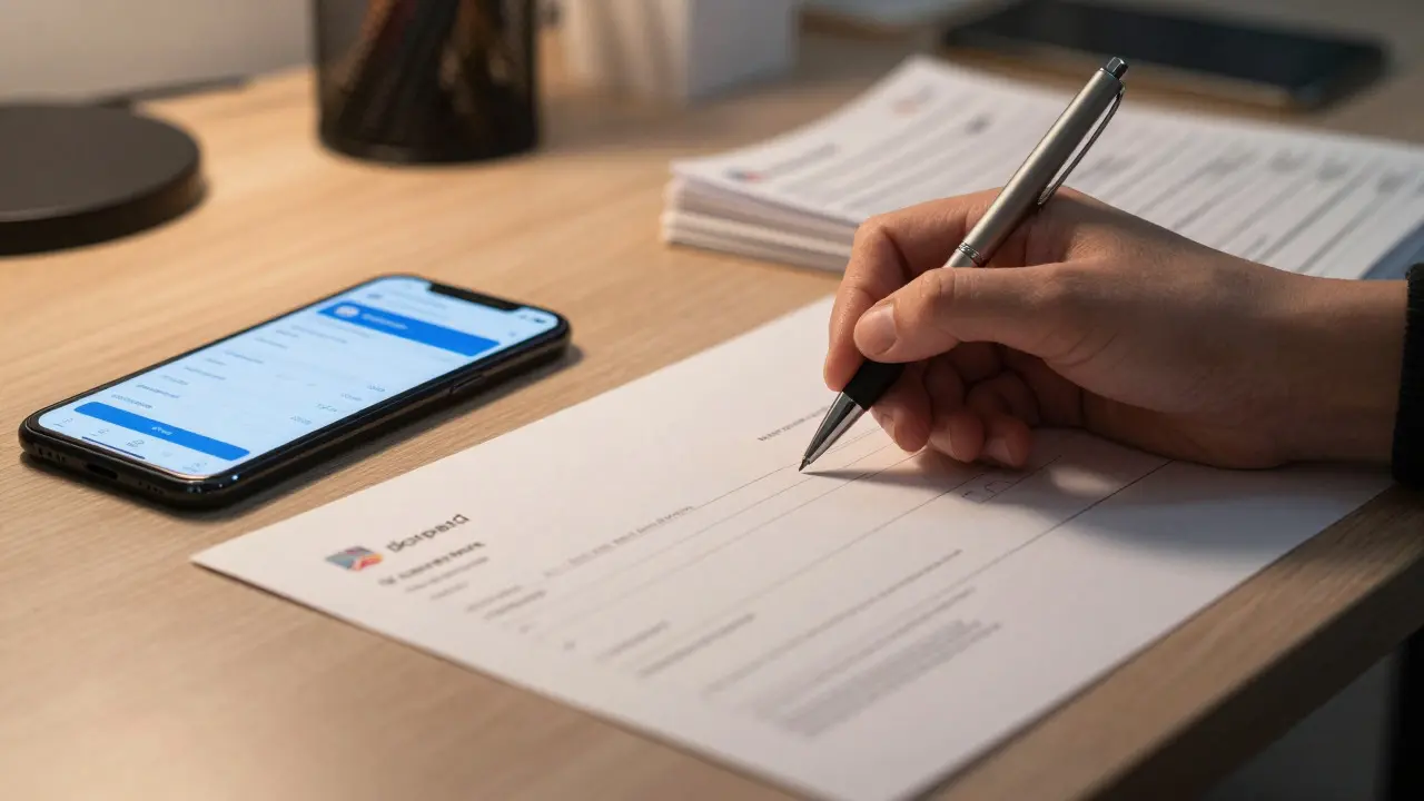 Hand mit Stift über Finanzdokumenten beim Kauf eines Hauses