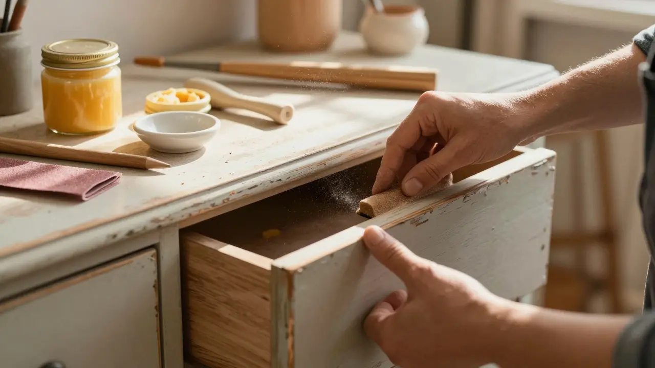 Hände beim Schleifen einer alten Kommode für Upcycling-Projekt