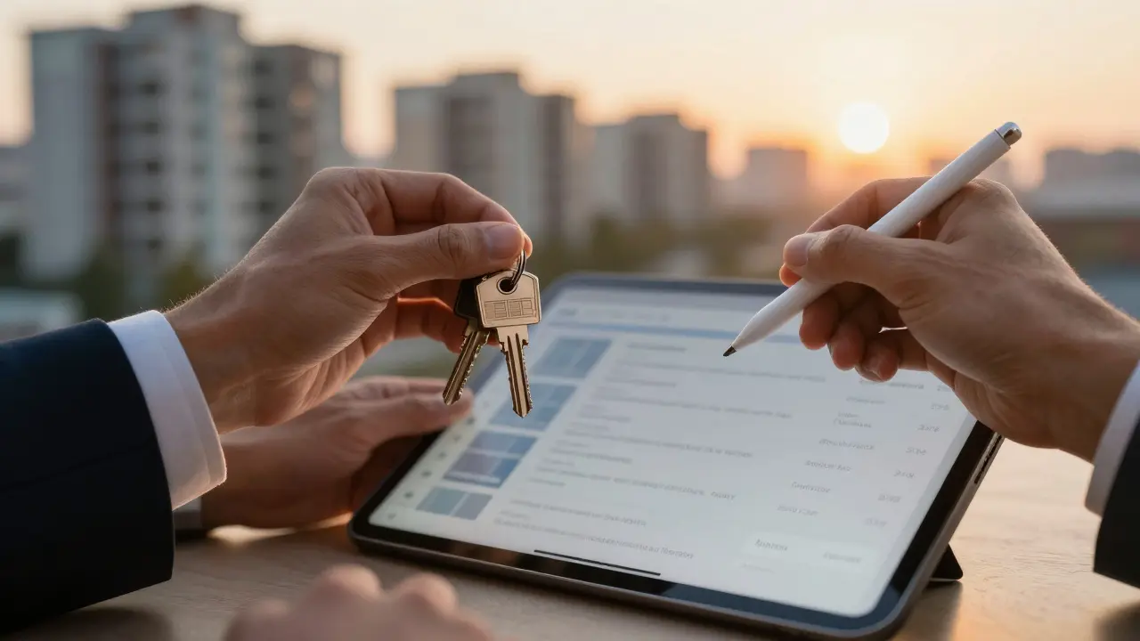 Hände mit Schlüsseln vor Immobilien-Hintergrund