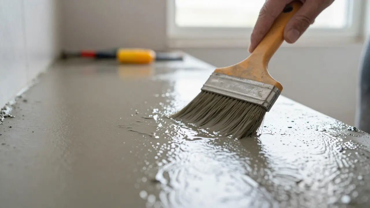 Handwerker trägt wasserdichte Beschichtung auf den Estrich im Bad auf