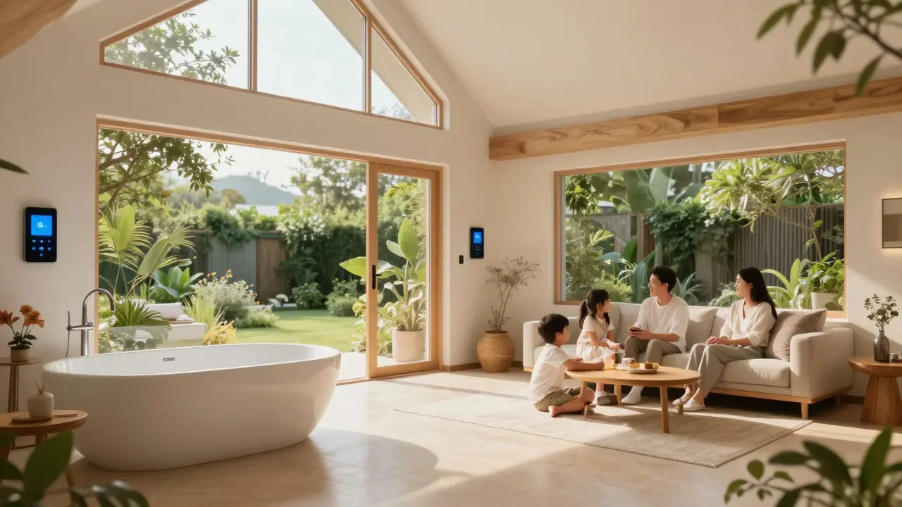 Helles, nachhaltiges Wohninterieur mit Smart-Home-Elementen