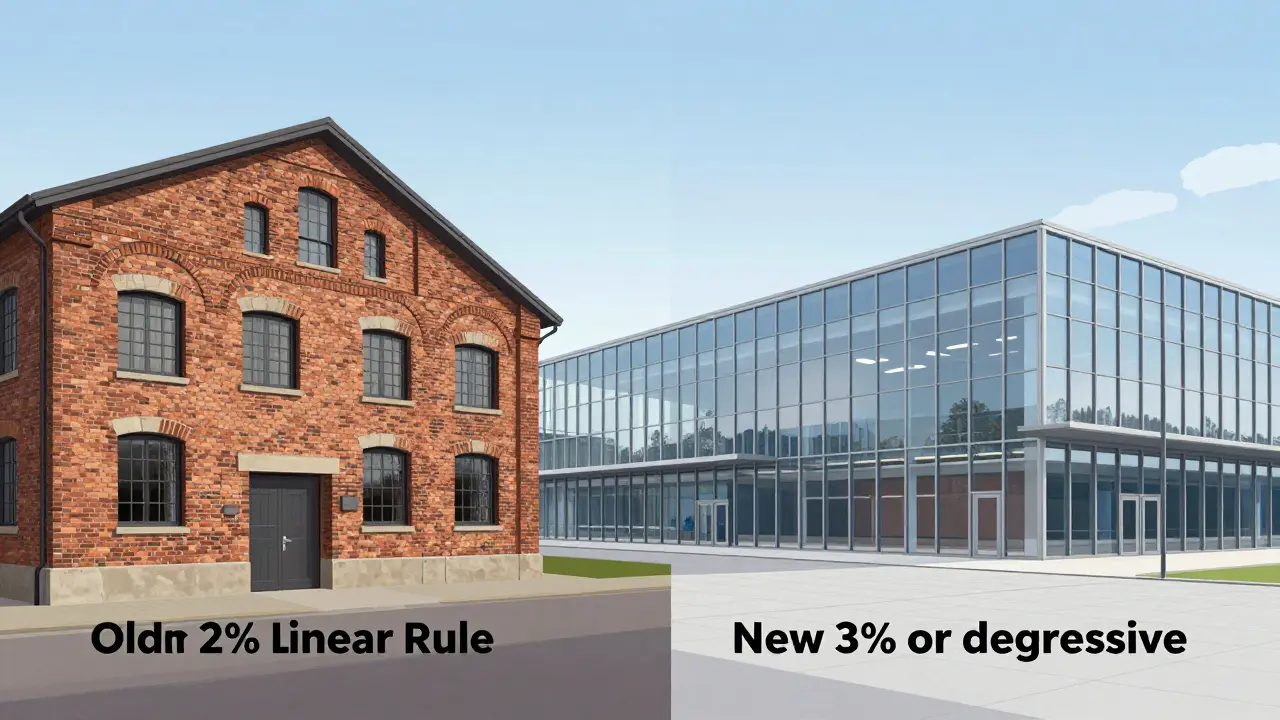 Kontrast zwischen altem Backsteingebäude und neuem Logistikzentrum zur Veranschaulichung unterschiedlicher Abschreibungsregeln